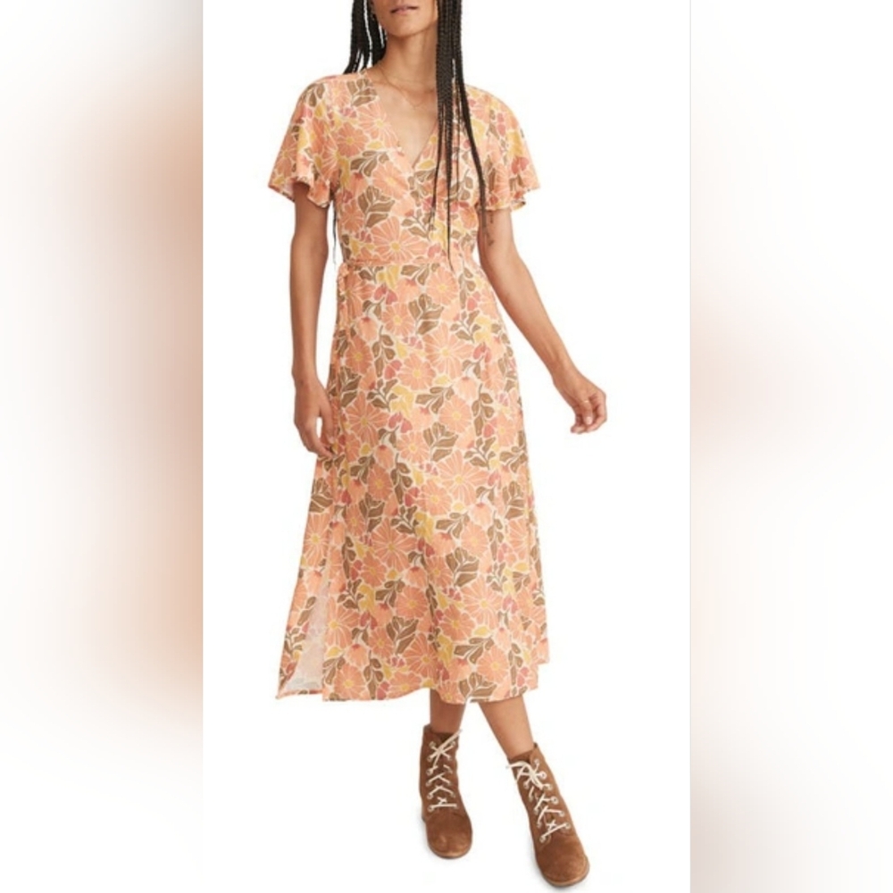 🔥 Marine Layer Emlyn Floral Orange and Yellow Midi Wrap Dress Size XL